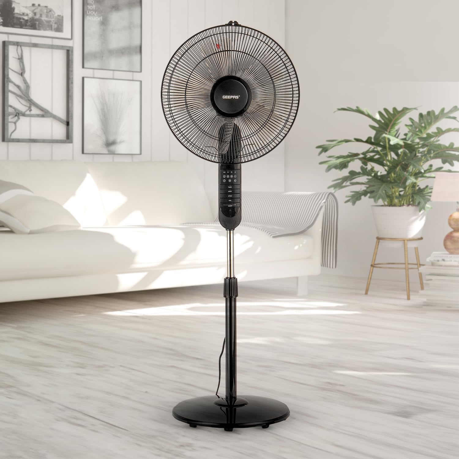Geepas 16" Stand Fan with Remote Control | GF9489 - 3 Mode/Speed, 5 Leaf Blade Wide Oscillation, Adjustable Height & Tilt Setting With Led Display | 7.5 Hours Timer
